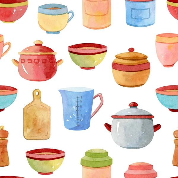 Watercolor kitchen accessories, utensils seamless pattern, background — Stock Photo, Image