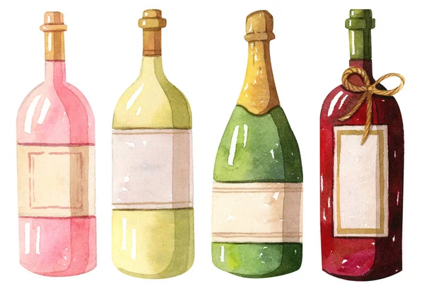Aquarel illustratie - Wijnflessen - rood, wit, roos — Stockfoto