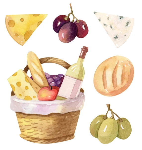 Kosz piknikowy z winem, serem i chlebem — Zdjęcie stockowe