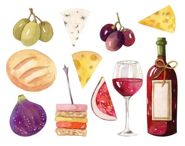 Bir şişe şarap ve yiyecek - peynir, ekmek — Stok fotoğraf