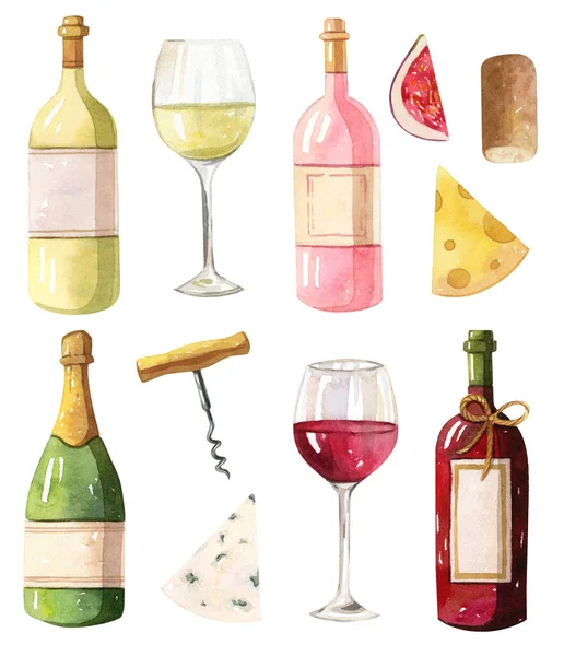 Aquarel illustratie - wijnflessen. Rood, wit, roos. — Stockfoto