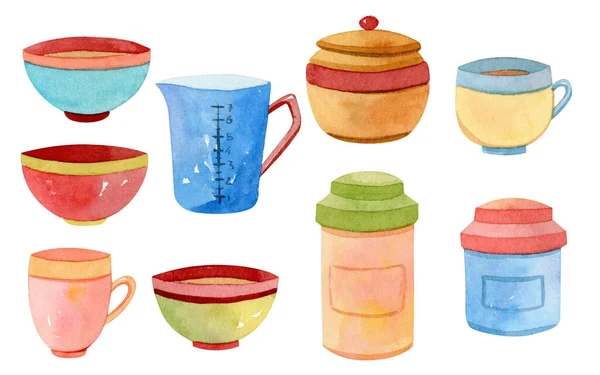 Watercolor kitchen utensils, accessories, kitchenware - saucepan, frying pan — Stock Photo, Image