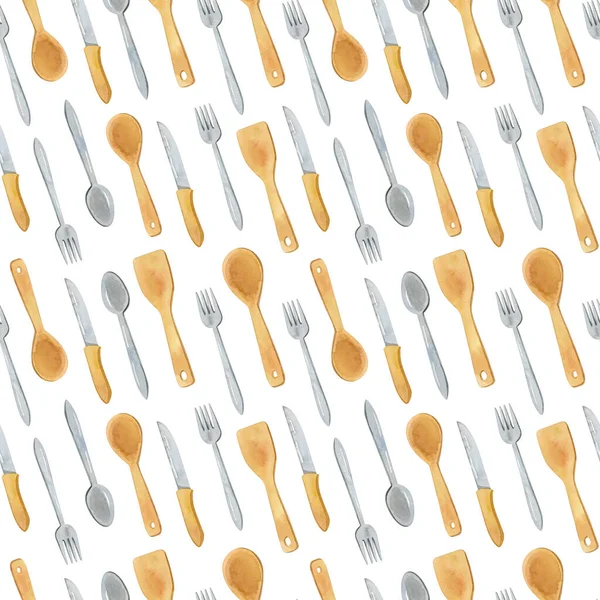 水彩餐具-刀,叉子,勺子隔离的插图 — 图库照片