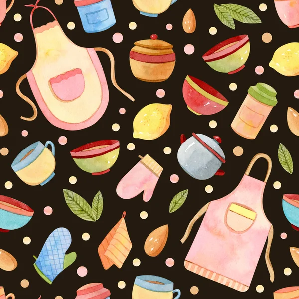 Watercolor kitchen accessories, utensils seamless pattern, background — Stock Photo, Image