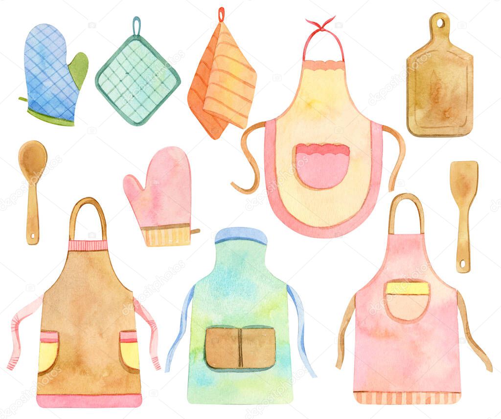 watercolor kitchen utensils, accessories - aprons, dish towels, cut board, spoon