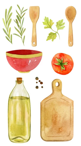 Olive oil, greenery, tomato, cutting board - hand painted watercolor illustration