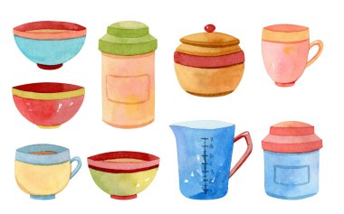 Suluboya mutfak aletleri, aksesuarlar, mutfak malzemeleri - tencere, kızartma tavası