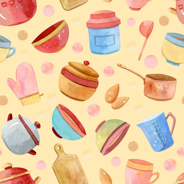 Watercolor kitchen accessories, utensils seamless pattern, background — Stock Photo, Image