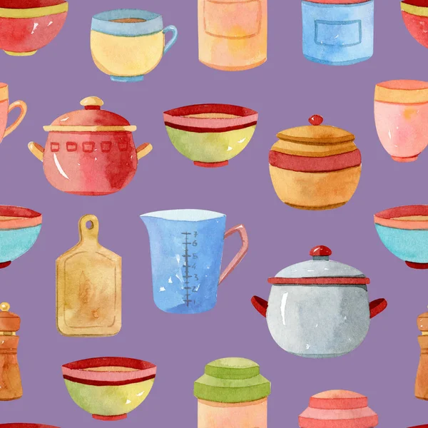 Watercolor kitchen accessories, utensils seamless pattern, background — Stock Photo, Image