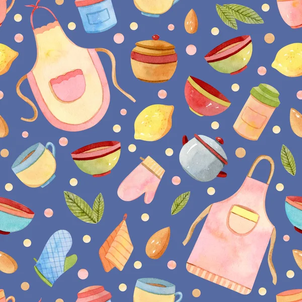 Watercolor kitchen accessories, utensils seamless pattern, background — Stock Photo, Image