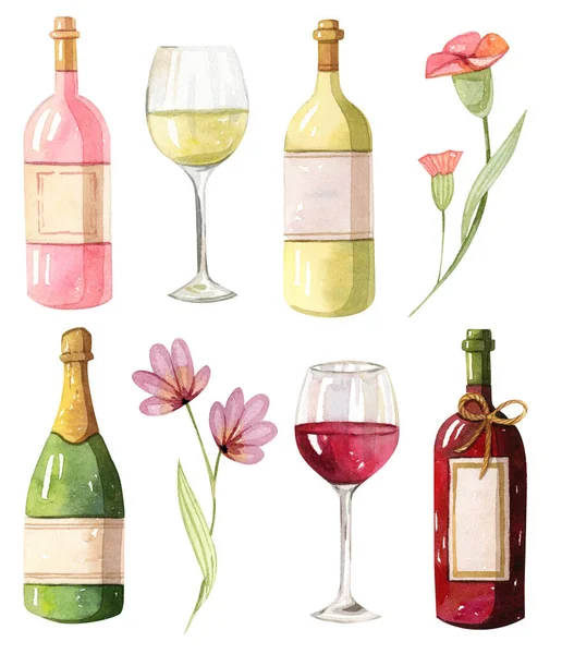 Watercolor illustration - wine bottles. Red, white, rose.