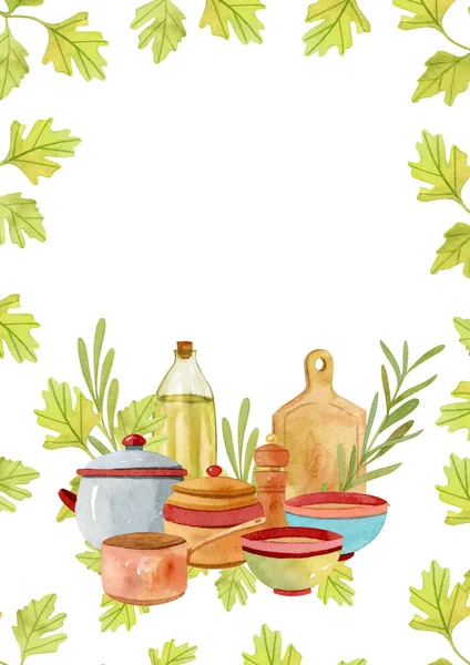 Skład z oliwą z oliwek, garnki - idealny do dekoracji kuchni — Zdjęcie stockowe