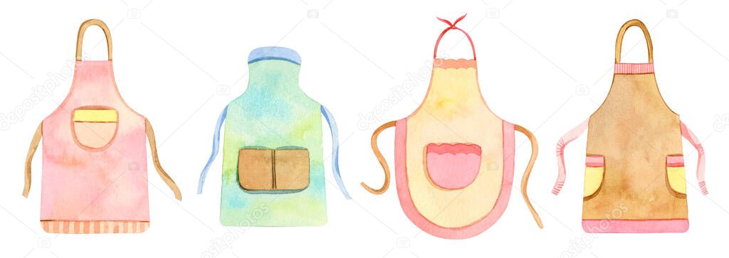 watercolor kitchen utensils, accessories - aprons, dish towels, cut board, spoon