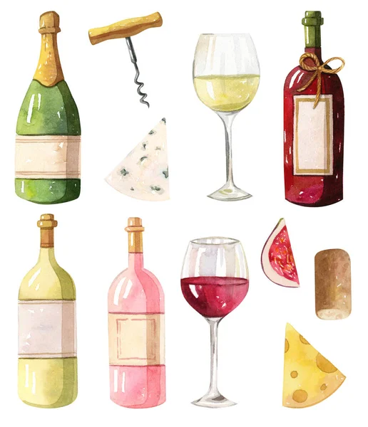 Aquarel illustratie - wijnflessen. Rood, wit, roos. — Stockfoto