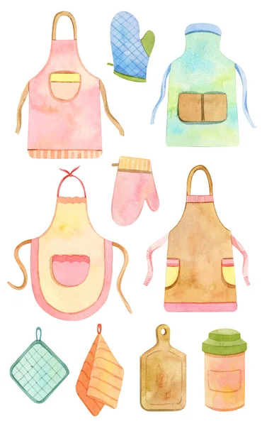 Watercolor kitchen utensils, accessories - aprons, dish towels, cut board, spoon — Stock Photo, Image