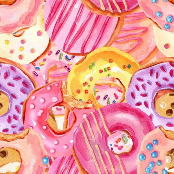 Hand painted bright watercolor donuts seamless pattern