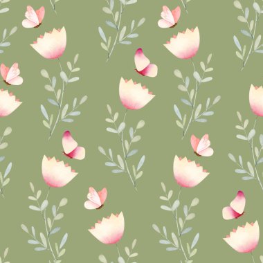 El boyası, suluboya, pürüzsüz desen. Yaprakların etrafında uçuşan sevimli kelebekler.