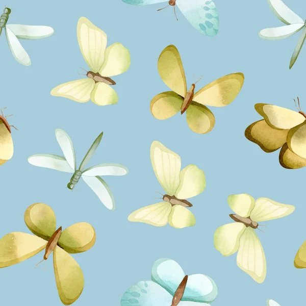 El boyası suluboya sevimli pastel kelebekler pürüzsüz desen, arka plan — Stok fotoğraf