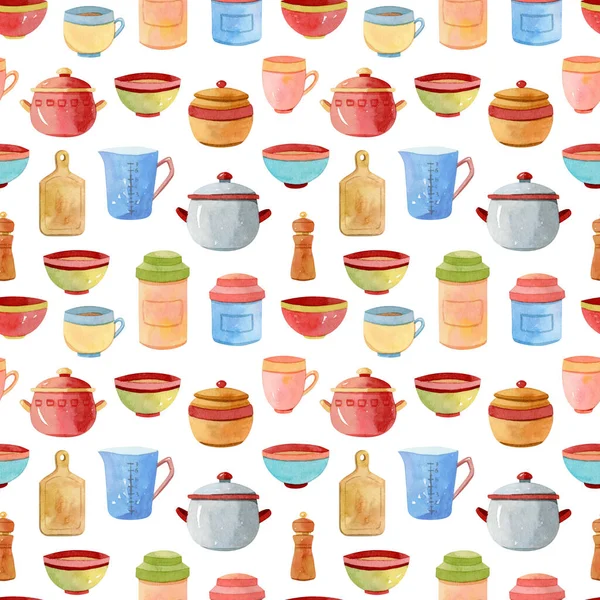 Watercolor kitchen accessories, utensils seamless pattern, background — Stock Photo, Image