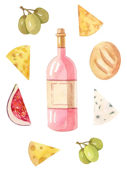 Butelka wina różanego z jedzeniem - ser, chleb — Zdjęcie stockowe