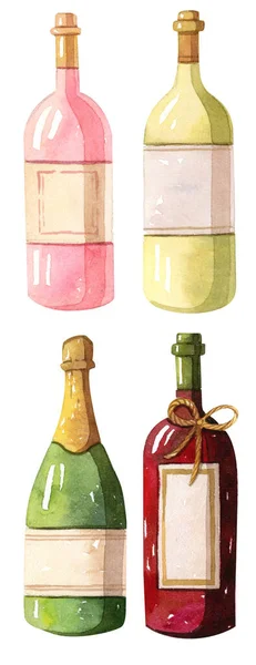 Illust akwarela - Butelki z winem - czerwony, biały, róża — Zdjęcie stockowe