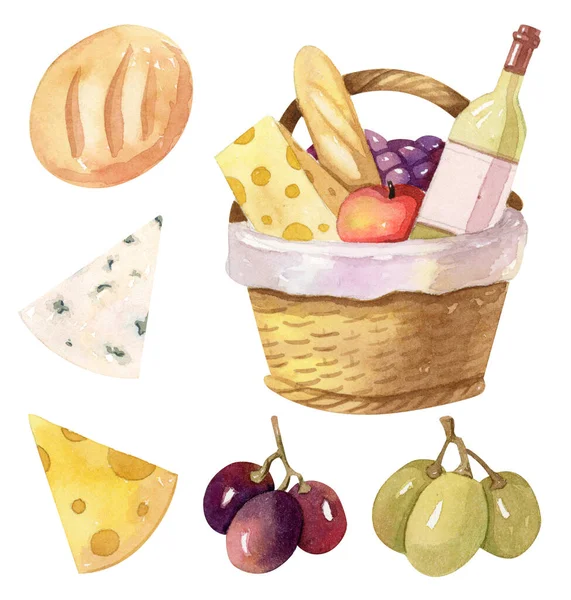 Корзина для пикника с вином, сыром и хлебом — стоковое фото