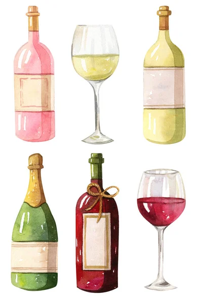Suluboya illüstrasyon - Şarap şişeleri - kırmızı, beyaz, gül — Stok fotoğraf
