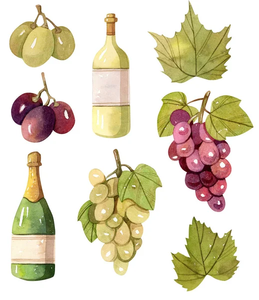 Butelka wina, kieliszek do wina, winogrono, liście winogron — Zdjęcie stockowe