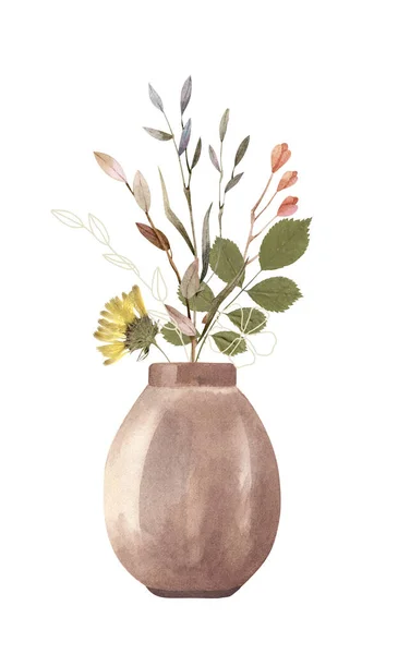 Akvarell virágok - csokor - vázában. Boho stílus, puha és élénk színek. Valódi száraz virágok - herbárium. — Stock Fotó