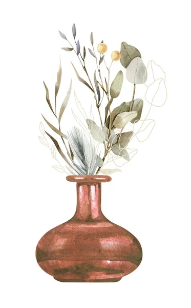 Akvarell virágok - csokor - vázában. Boho stílus, puha és élénk színek — Stock Fotó