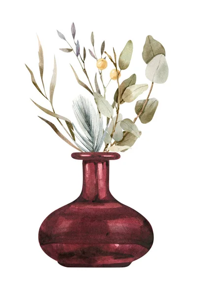Flores de acuarela - ramo - en jarrón. Estilo boho, colores suaves y brillantes — Foto de Stock
