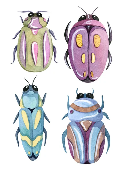 Ručně malované akvarel kreslené brouky. Vtipný barevný a roztomilý hmyz a brouci. — Stock fotografie