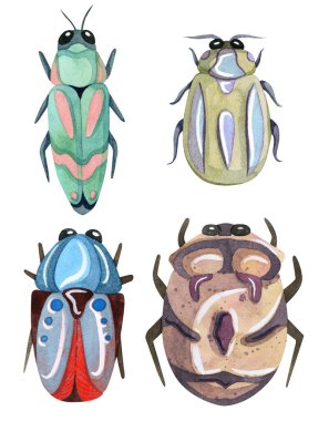 Elle boyanmış suluboya çizgi film böcekleri. Komik renkli ve sevimli böcekler ve böcekler.