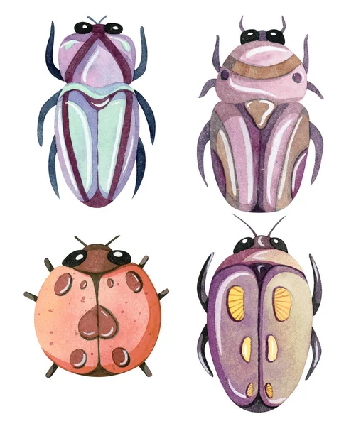 Aquarelle peinte à la main coléoptères dessin animé. Insectes et insectes drôles colorés et mignons . — Photo