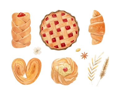 Suluboya pasta çizimi - parlak ve taze el boyalı kruvasan, çok turta, çörek.
