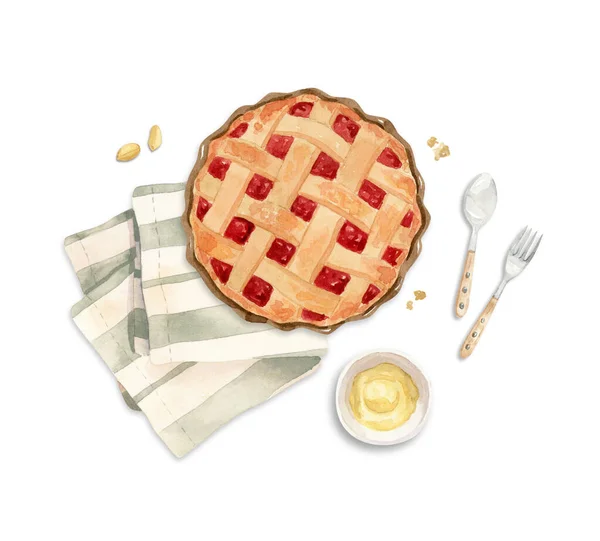 illustration - berries pie on a tea towel with cream, butter