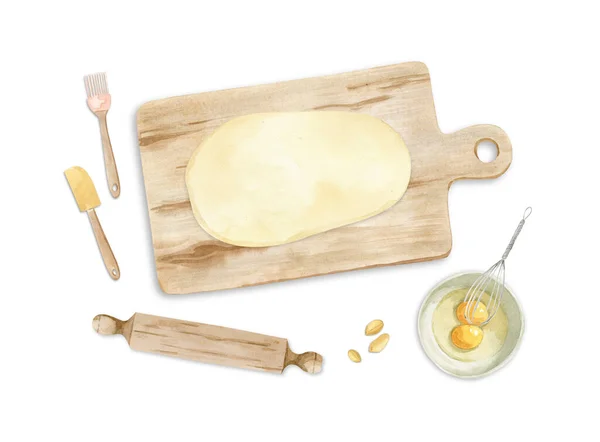 Illustration about baking - cutting board with dough, rolling pin — Stock Photo, Image