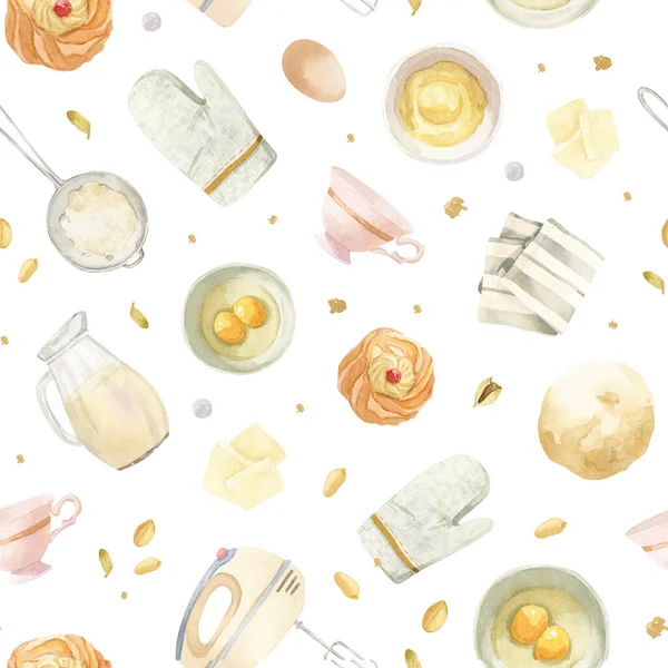 Eamless patroon - koken, bakgerei - melkpot, eieren, theedoek, zeef met bloem, — Stockfoto
