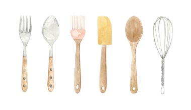 Pişirme ekipmanı illüstrasyonu - ahşap ve metal kaşık, çatal, spatula, çırpma, fırça