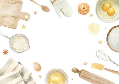 Resim - çerçeve, sınır - ahşap kaşık, yumurta, spatula, çırpı, çay havlusu, merdane, un ile elek.