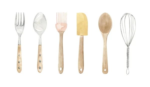 Baking equipment illustration - wooden and metal spoon, fork, spatula, whisk, brush — Stock Photo, Image