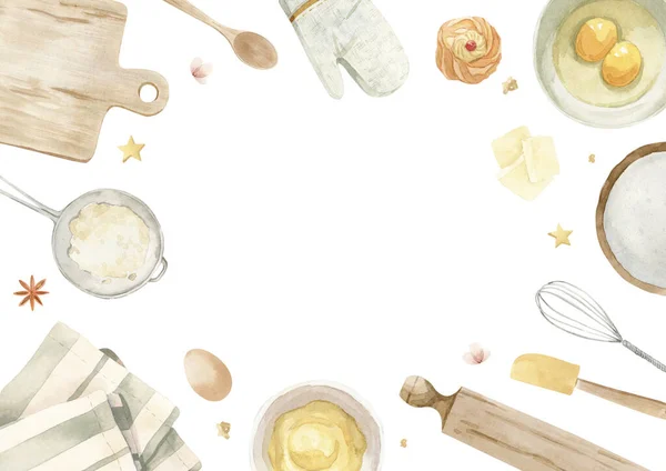 Illust - ramka, granica - drewniana łyżka, jajko, szpachelka, trzepaczka, ręcznik herbaty, wałek szpilka, sito z mąką. — Zdjęcie stockowe
