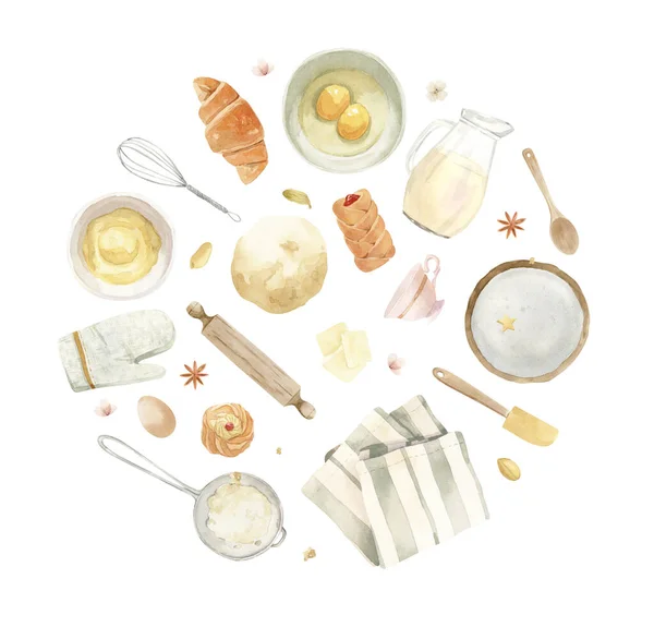 Pişirme - aşçılık - ekipman çizimi. Çember, yuvarlak kompozisyon - tahta kaşık, yumurta, spatula, çırpma — Stok fotoğraf