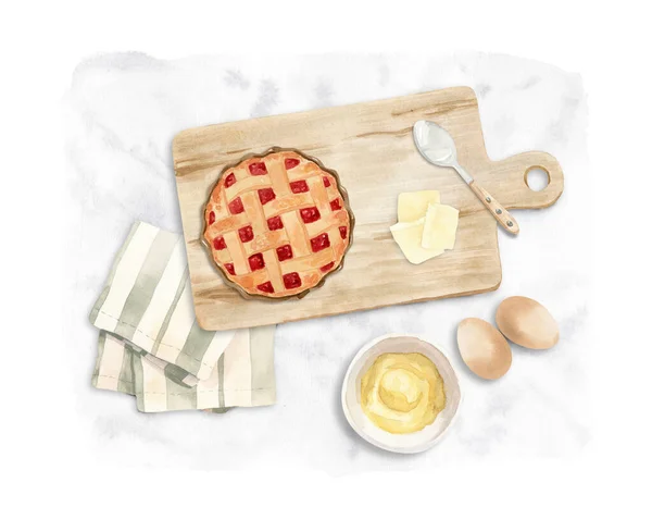 Watercolor illustration about baking - berry pie on a wooden cutting board with eggs — Stock Photo, Image