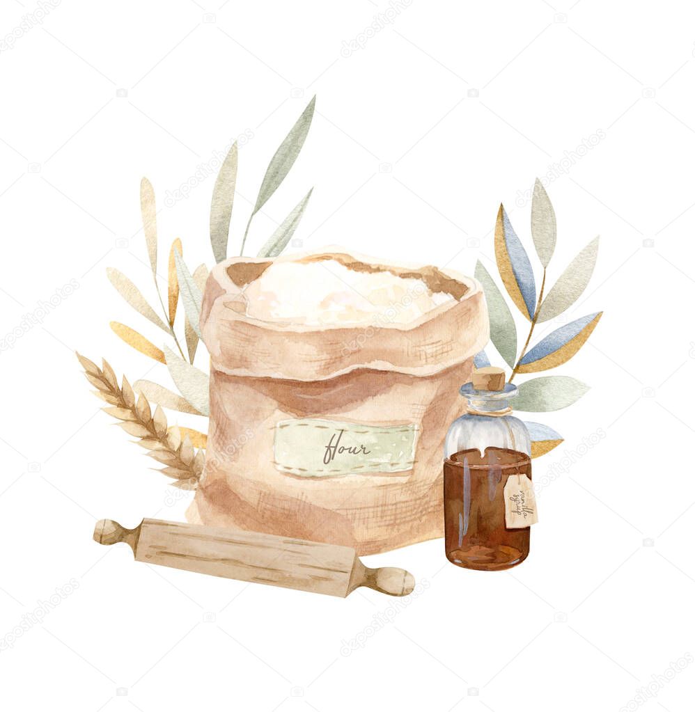 Watercolor baking illustration - composition of flour sack, rolling pin