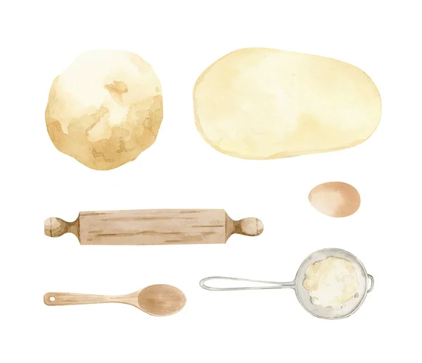 Sütőberendezés illusztráció - tészta, fakanál, sodrófa, tojás, lisztes rosta — Stock Fotó