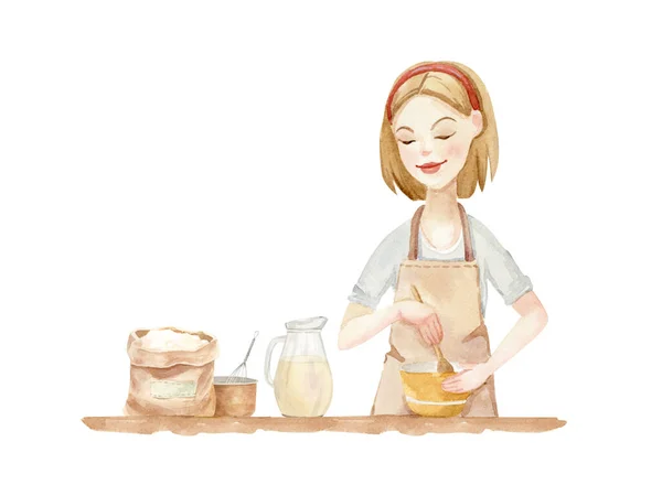 Illust - mulher em um avental assar, cozinhar Imagem De Stock