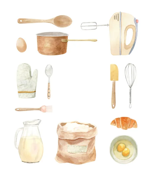 Ilustrace pečicího zařízení - rám, rámeček - dřevěná lžíce, kuchyňský mixér, nádoba na mléko, — Stock fotografie