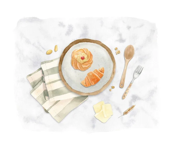 Illustrazione da forno - piatto con pasta fresca - croissant su un telo da tè — Foto Stock