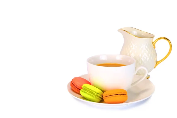 White Tea Cup Plate Milk Jug Three Colorful Macaroons Elegant — Stock Photo, Image
